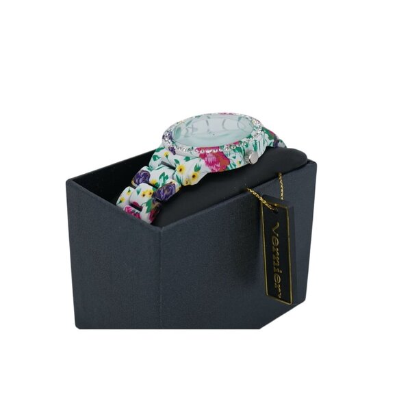 Vernier Floral Ladies Wristwatch White Band Flowers Rhinestones with Box - Picture 4 of 6